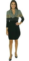 Knee Length Colorblocking Sweater Acrylic Cowl Neck  Dress