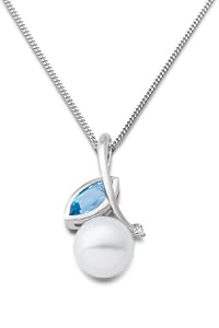 Miore 9ct White Gold Freshwater Pearl, Blue Topaz and Diamond Pendant on 45cm Curb Chain MG9110N