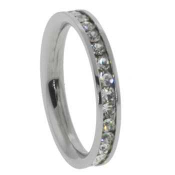 Click here to buy 316L Stainless Steel Ring with set cubic zirconia stones. Width: 3mm by ToltecTraders.com.