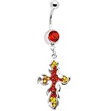 Red Zirconia Burning Flame Gothic Cross Belly Ring