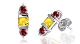 Princess Round Citrine Garnet Three-Stone Earrings Sterling Silver