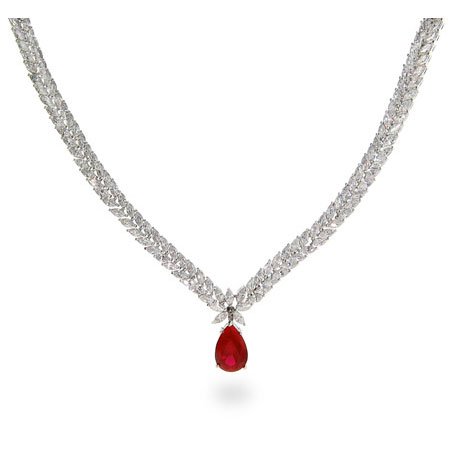 Eve's Addiction Elegant Double Row Marquise CZ Necklace with Ruby CZ Drop