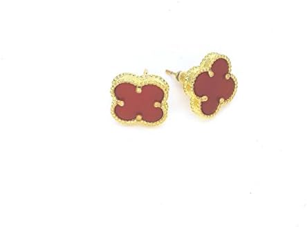 VC-E01 SherylC® Luxury Jewelry Natural Shell Agate Clover Style 18K Gold-Plated Copper Ear Stud Earrings *US Deliver Guarantee FBA Fulfilled by Amazon* (Gold x Red)