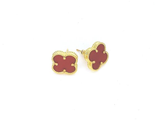 VC-E01 SherylC® Luxury Jewelry Natural Shell Agate Clover Style 18K Gold-Plated Copper Ear Stud Earrings *US Deliver Guarantee FBA Fulfilled by Amazon* (Gold x Red)