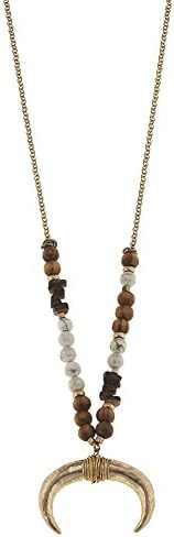 Gemstone &amp; Wood Double Horn Necklace in White Jasper by Canvas