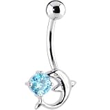 Solid 14KT White Gold DOLPHIN Aquamarine Cubic ZIRCONIA Belly Ring