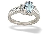 14K White Gold Genuine Oval Aquamarine and Diamond Ring