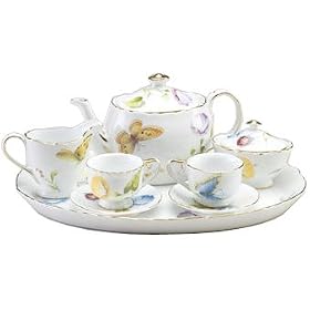 Children's Pretend Play Mini Porcelain Tea Set with Tray featuring Colorful Butterflies by