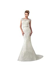 Short Sleeves High-Neck Backless  Applique Lace Mermaid Wedding Dress  With a Bow(s) and a Ribbon 