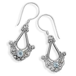 Ornate Blue Topaz French Wire Earrings 925 Sterling Silver