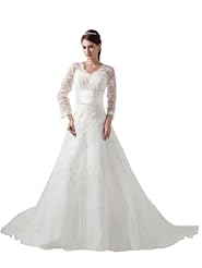 A-line V-neck Long Sleeves Vintage Lace Applique Ruched Satin  Dress with a Court Train 