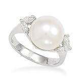 Rhodium Plated Ring with Marquise CZs and Cultured Freshwater Button Pearl