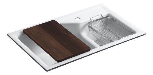 Kohler K-6411-1-0 Indio Undercounter Double Offset Basin Kitchen Sink with Single-Hole Faucet Drilling, White