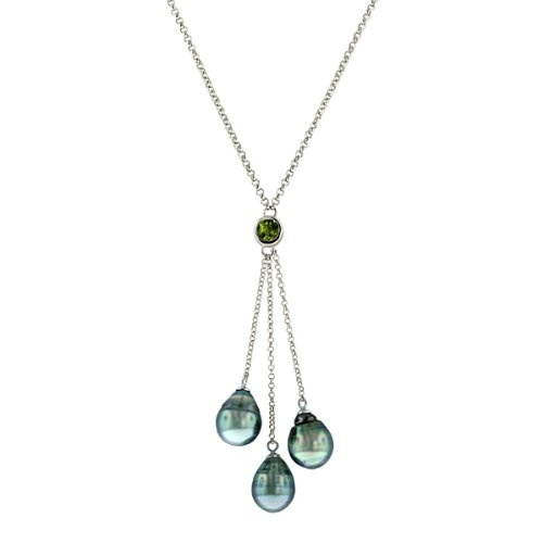 Sterling Silver 3 Row 8-9mm Tahitian Drop Pearl w/ Peridot Stone Necklace, 16+2.5″