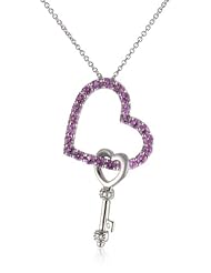 Sterling Silver Created Pink Sapphire Diamond Heart and Key Pendant Necklace, 18"