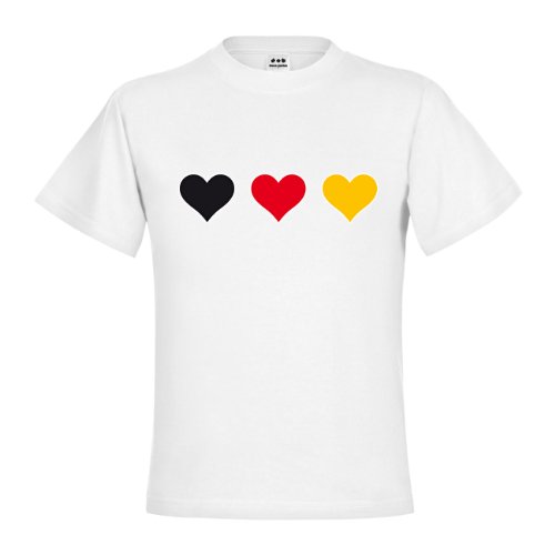 dress-puntos Kids Kinder T-Shirt Deutschland drei Herzen in Schwarz-Rot-Gold Groß drpt-kt00614-14 Textil white / Motiv farbig Gr. 134/146