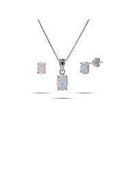 Beautiful Sterling Silver Oval Opal Solitare Pendant & Earring Set