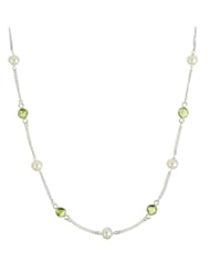Sterling Silver Chain, Freshwater Pearl and 6 Station Peridot Necklace, 18"