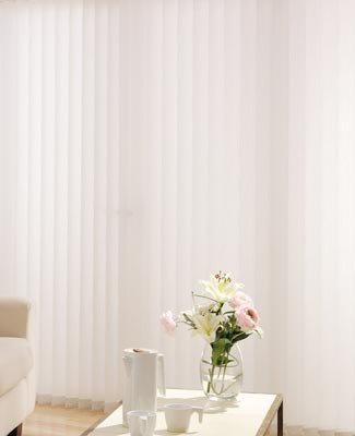 Symmetry Series 3 1/2 PVC Vertical Blinds w/ Vistec Headrail and Traditional Valance - Stack Left Stack