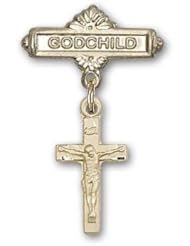 14K Gold Baby Badge with Crucifix Charm and Godchild Badge Pin
