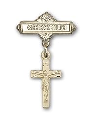 Gold Filled Baby Badge with Crucifix Charm and Godchild Badge Pin