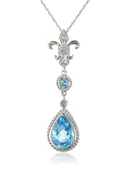 XPY 14k White Gold, Blue Topaz, and Diamond Fleur-de-Lis Teardrop Pendant Necklace (0.05 cttw)