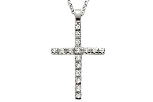 14K White Gold Cross Pendant Enhanced with Burnish Set Diamonds, Sliding on a 16 Cable-Chain Necklace.