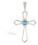 14K White Gold Genuine Round Blue Topaz Cross Pendant