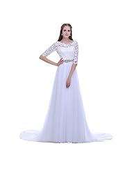 Plus Size A-line Scoop Neck Elbow Length Sleeves Tulle Beaded Lace Belted Floor Length Wedding Dress 