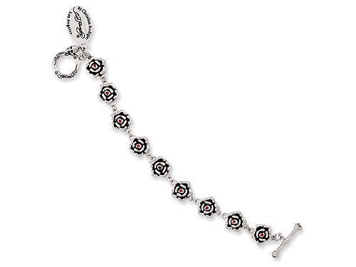 Stainless Steel Ed Hardy Roses w/Red CZ Toggle Bracelet