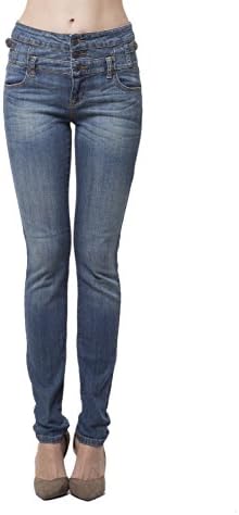 Eunina Women's High Waist Multi 3-Button Wash Stretch Dark Denim Skinny Jean