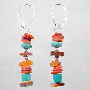 Southwestern Turquoise Gemstone Bead, Spiny Oyster and Sterling Silver Dangle Lever Back Earrings, #8987