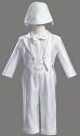 White Round Tail Satin Christening Baptism 5 Piece Tuxedo Accented with an Embroidered Cross and Hat