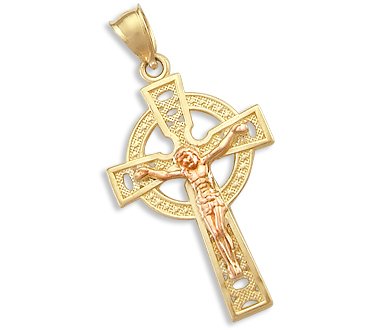 14k Yellow and Rose Gold Celtic Cross Crucifix Pendant