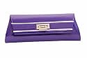 Purple and white high gloss patent clutch handbag with white piping on front