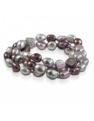 14K 9-10mm dyed plum, lavender and grey baroque freshwater cultured pearl three strand bracelet, 7.5"