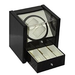 Black Double Watch Winder with 3 Holder Drawer For Automatic Watch with Programmable Timer Dual Black Wood Finish