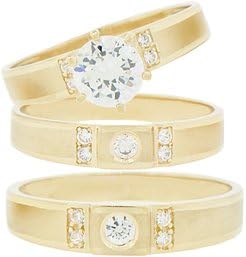 Yellow Gold Plated, Matching Trio 3 Piece Set Engagement Anniversary Wedding Rings Round Center Created Gems