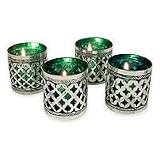 Aluminum and glass candleholders, 'Jade Moods' (set of 4)