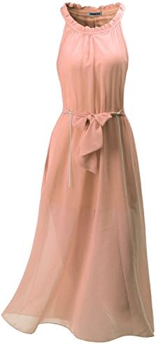SUNNYCI Womens Feminine Waist Shoulder Decorated chiffon Dress PINK Size L