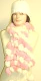 Imported Light Pink Color Four Strand Luxurious Rabbit Fur Scarf for Women and Teens Offered in Combination with Hand Crocheted Ivory Color Chenille and Gimp Tweed Skull Cap