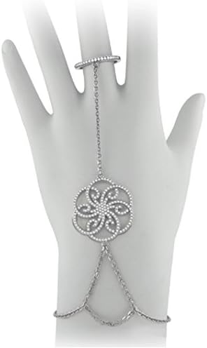 .925 Sterling Silver Diamond color CZ Micro Pave Bracelet with Ring Attached