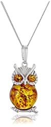 Sterling Silver Amber Owl with Chain Pendant Necklace, 18"