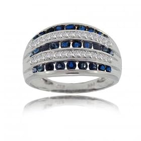 New 14k White Gold Row Ring w Sapphire & Diamonds