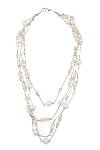 Four-strand White Freshwater Pearl Necklace with Glass Beads on Sterling Silver Rolo Chains