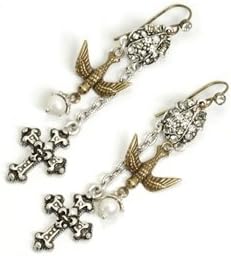 Sweet Romance, Ollipop, Designer Cross &amp; Holy Spirit Dove Bird Earrings, Dangling, Two Tone, Silver &amp; Gold