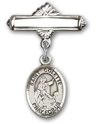 Sterling Silver Baby Badge with St. Colette Charm and Polished Badge Pin