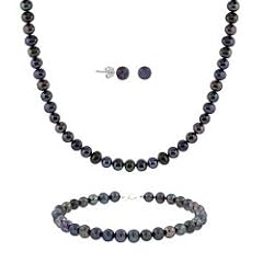 Schmuckset: Kette, Armband und Ohrringe aus echten 5.5- 6mm gro�en schwarzen S��wasserperlen, Sterling Silber