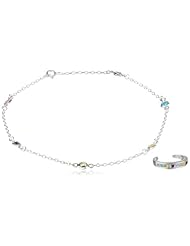 Sterling Silver Chain Multi-Color Cubic Zirconia Toe Ring and Anklet with Multi-Color Cubic Zirconia Stations, 10"