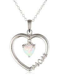 Sterling Silver Diamond Accent Heart with Lab Created Opal Heart Center Mom Pendant Necklace, 18"